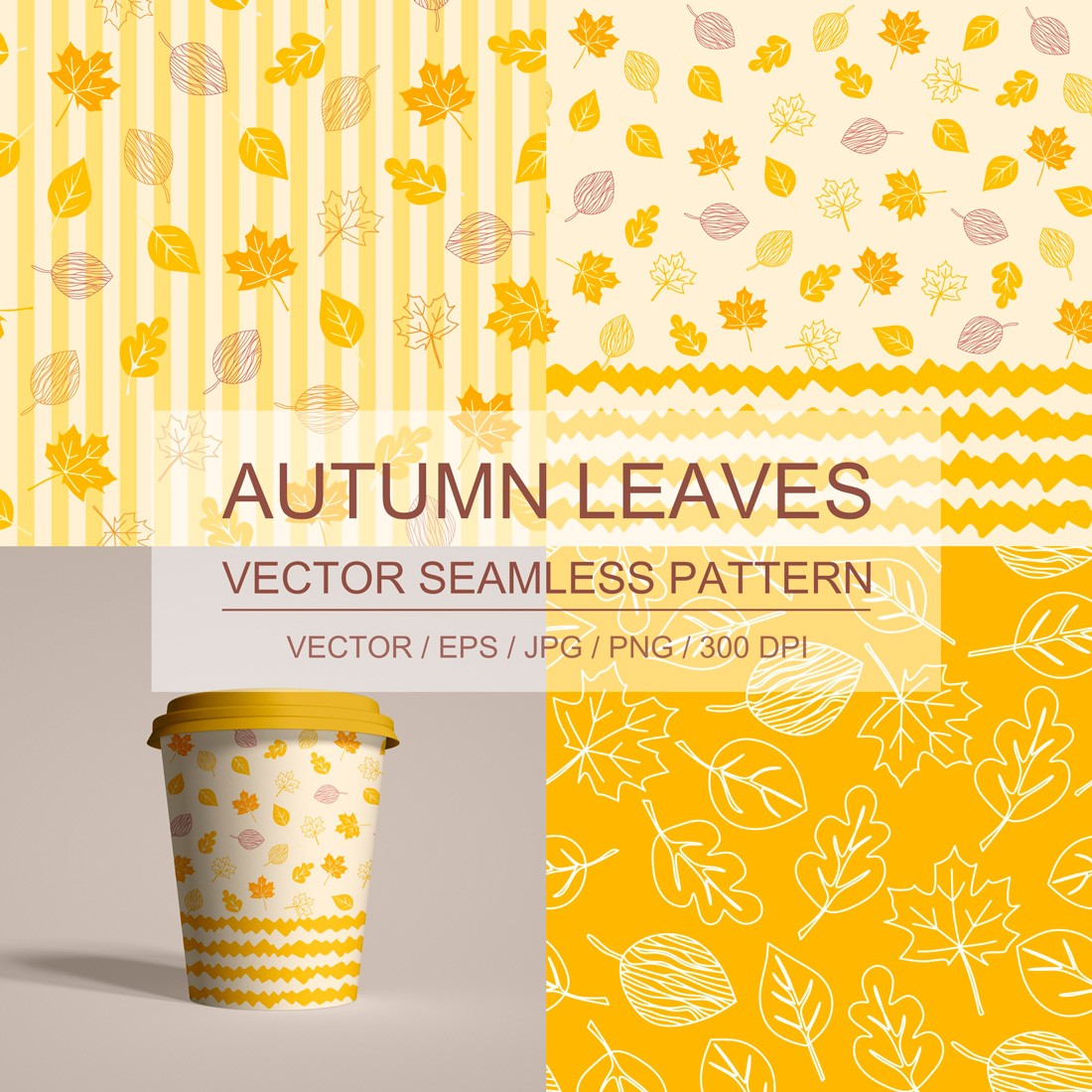 Set of three modern seamless patterns in golden, yellow, orange, beige colors Autumn leaves on a light beige background in pastel tones Printing on textiles, fabrics, wallpapers, packaging, product design cover image.