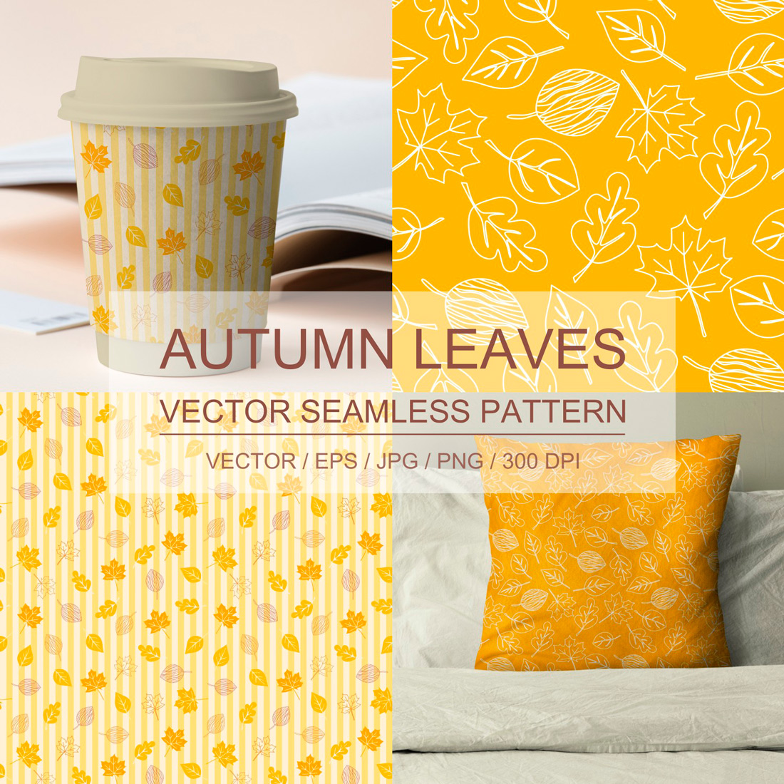 Set of three modern seamless patterns in golden, yellow, orange, beige colors Autumn leaves on a light beige background in pastel tones Printing on textiles, fabrics, wallpapers, packaging, product design preview image.