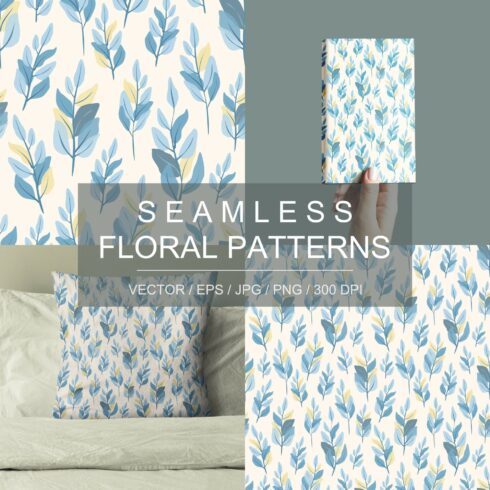 Modern seamless pattern in three color schemes - blue, green, purple colors Leaves on a light beige background, pastel colors Printing on textiles, fabrics, wallpapers, packaging, product design cover image.