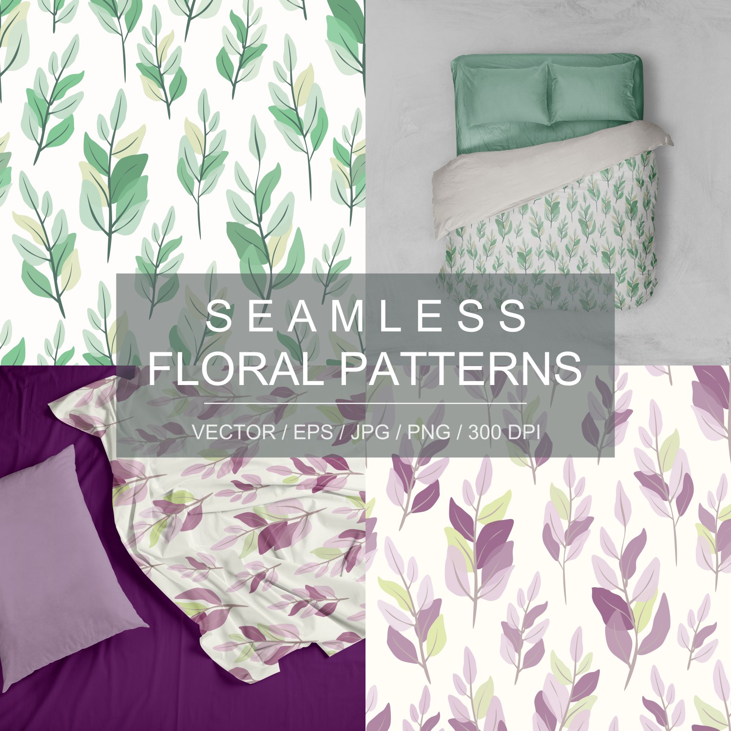 Modern seamless pattern in three color schemes - blue, green, purple colors Leaves on a light beige background, pastel colors Printing on textiles, fabrics, wallpapers, packaging, product design preview image.