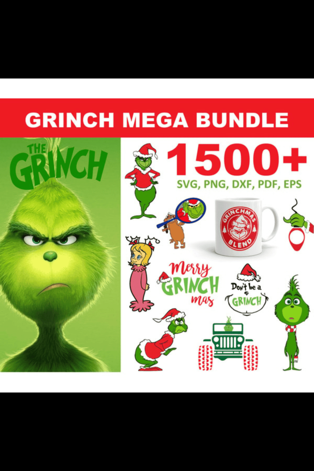 The Grinch SVG, Grinch Face SVG, Grinch Clipart, Grinch PNG, Grinch Silhouette, The Grinch Font, Grinch Hand SVG pinterest preview image.