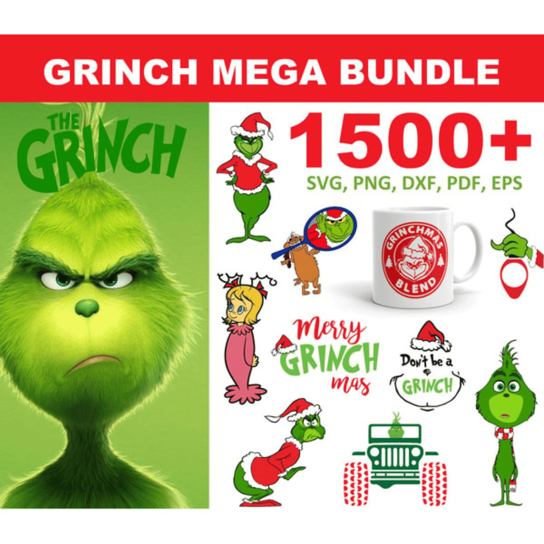 The Grinch SVG, Grinch Face SVG, Grinch Clipart, Grinch PNG, Grinch Silhouette, The Grinch Font, Grinch Hand SVG cover image.