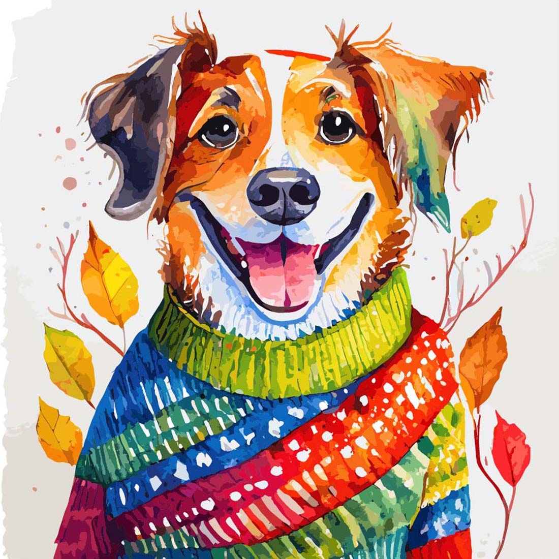 Dog in a sweater, primary colors, big smile and autumn; watercolor sketch illustration cover image.