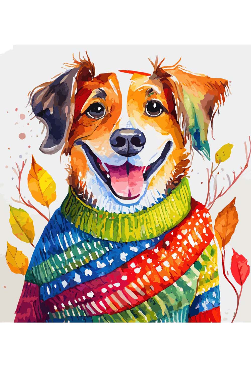 Dog in a sweater, primary colors, big smile and autumn; watercolor sketch illustration pinterest preview image.