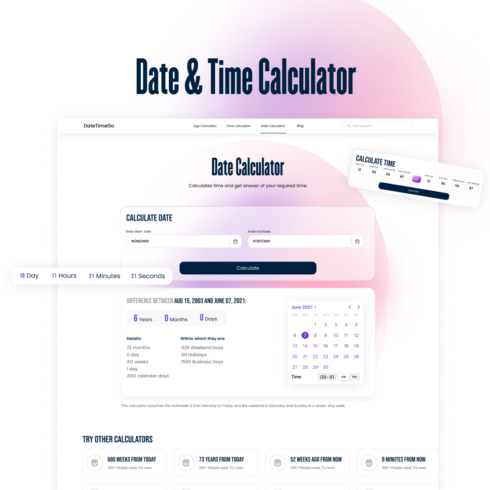Date & Time calculator Landing page | website landing page design | Attractive UI Design Kit cover image.