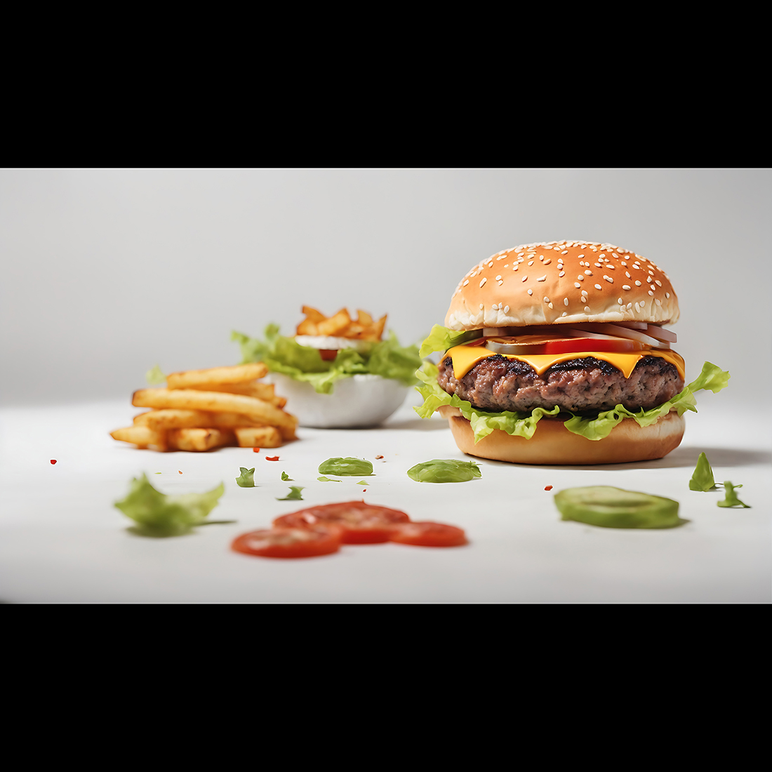 Fresh tasty burger isolated on white background with French fry ai generated preview image.