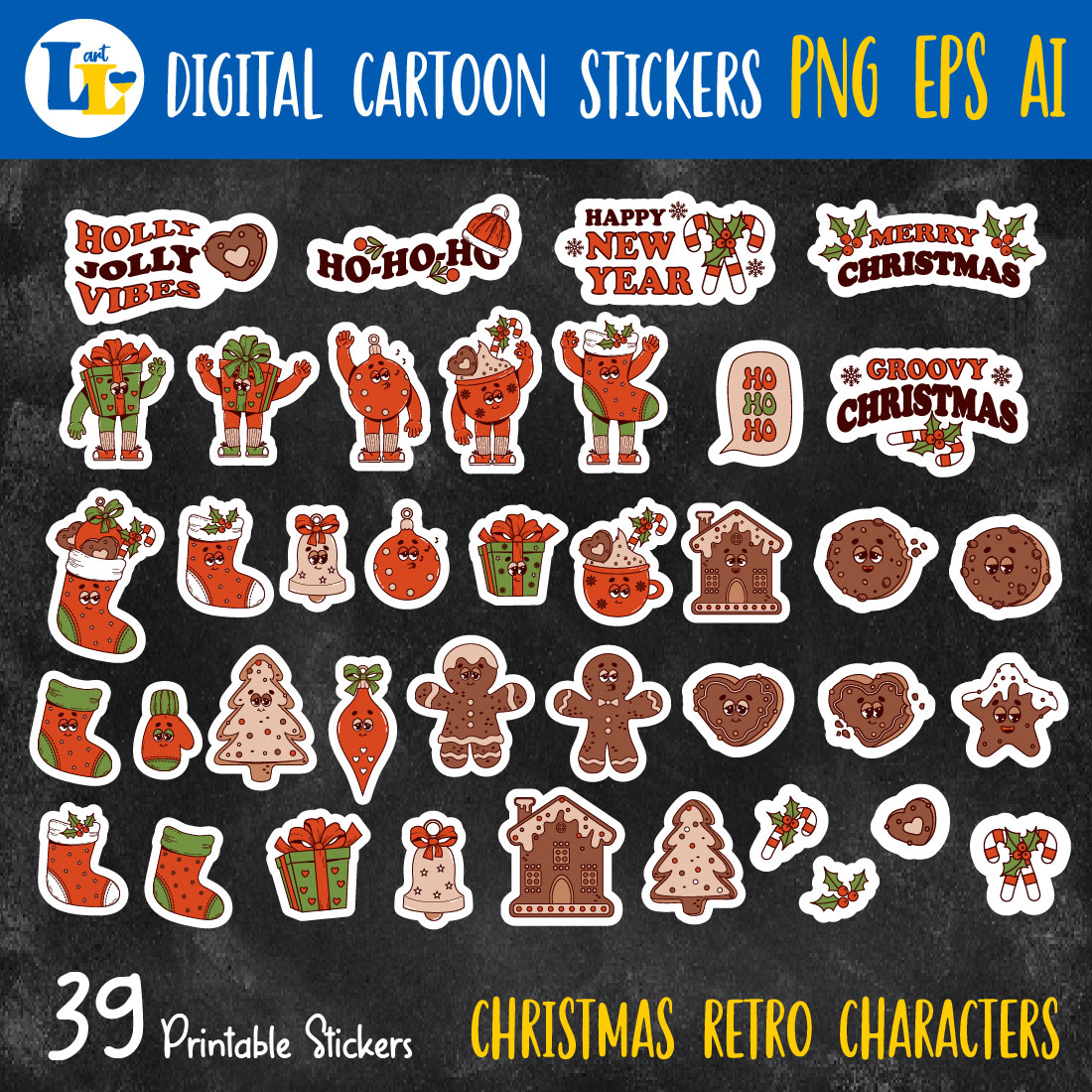 Christmas retro groovy characters| Printable digital sticker cover image.