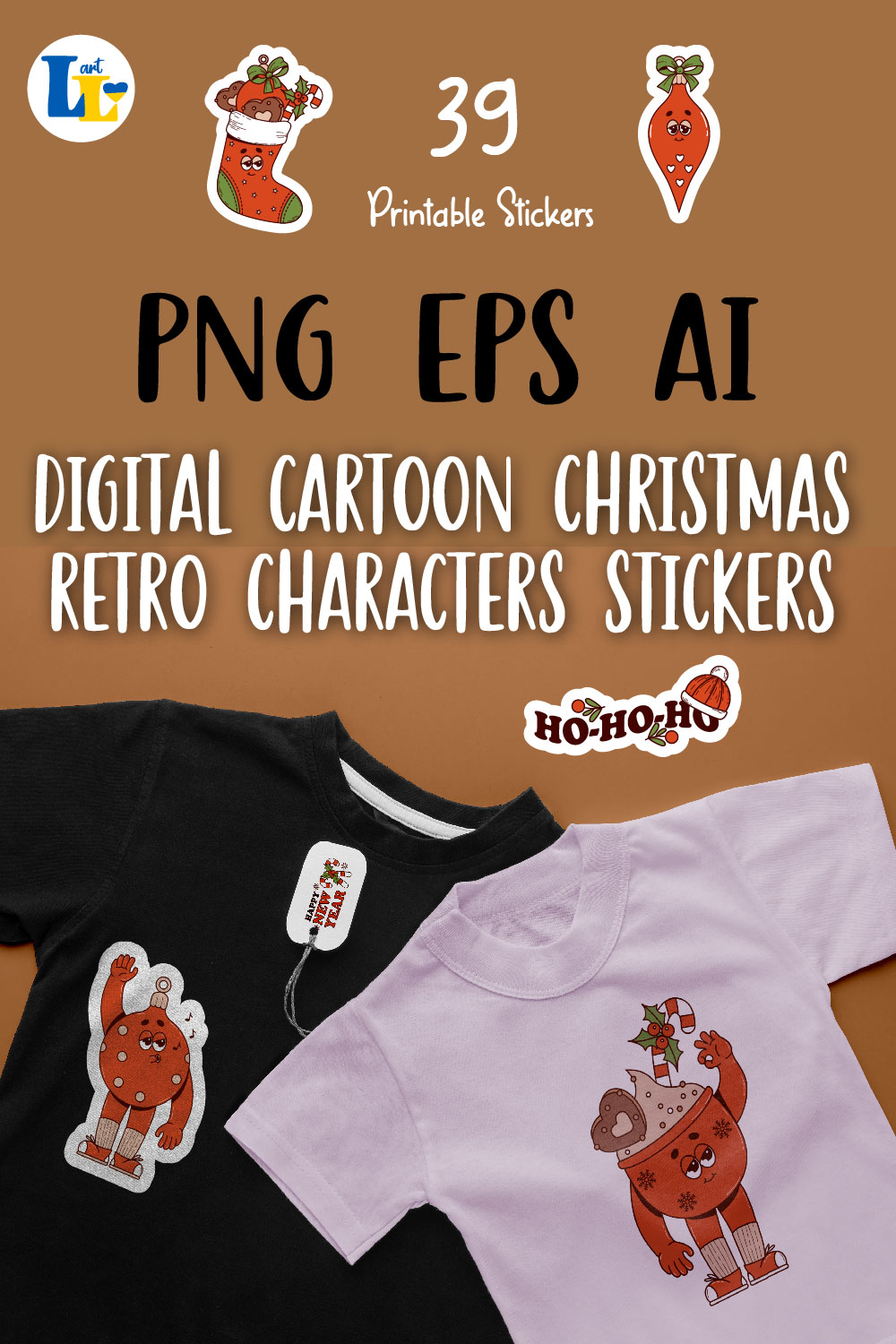 Christmas retro groovy characters| Printable digital sticker pinterest preview image.