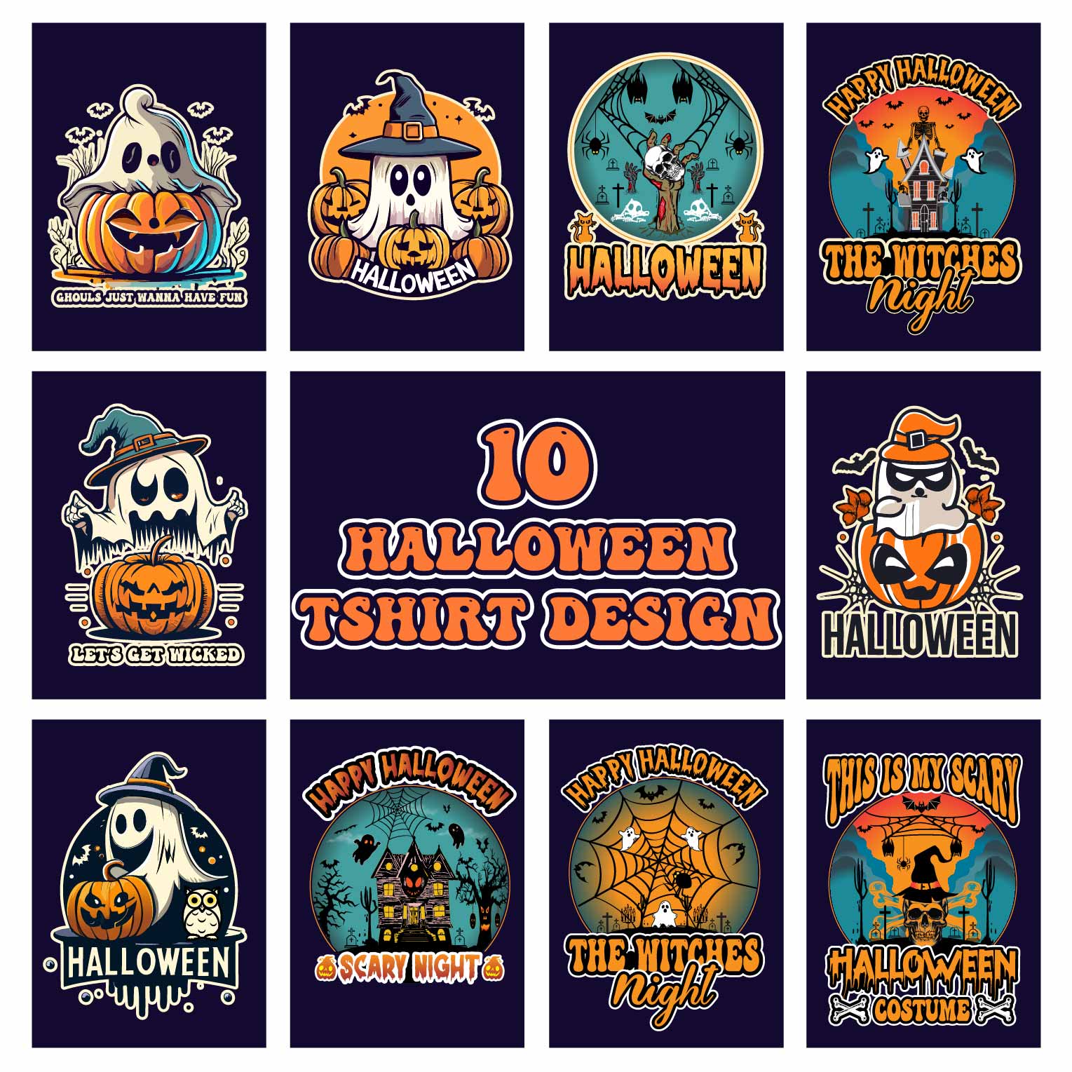 Halloween tshirt logo design bundle preview image.