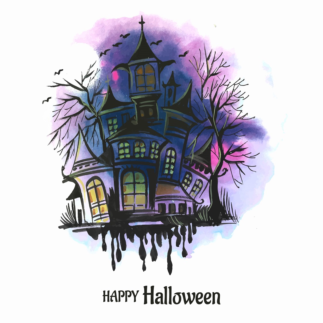 Halloween spooky house watercolor background cover image.