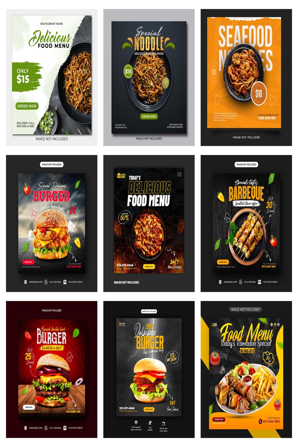 9 Different Food Flyers Or Social Media Post Design Templates Only For 11$ pinterest preview image.