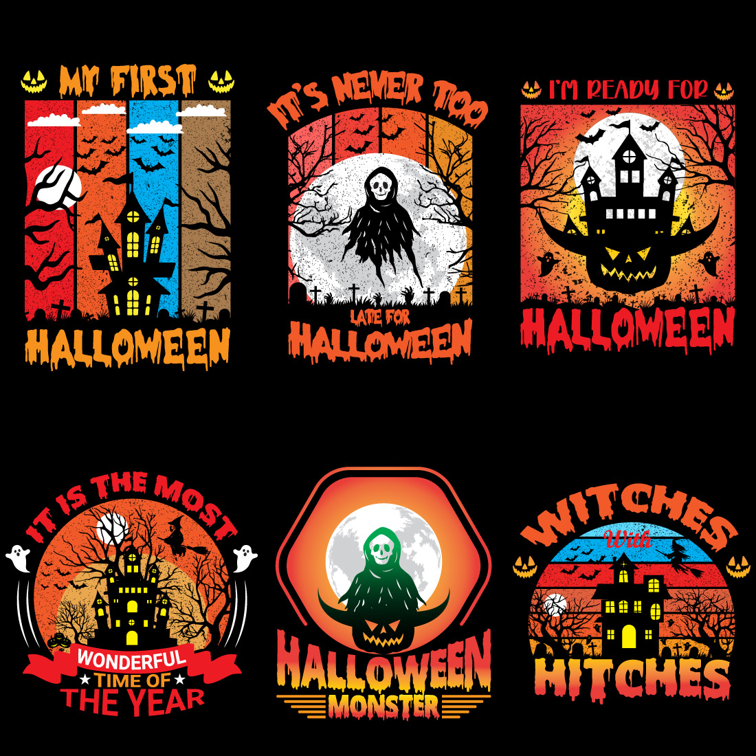 Monster halloween t shirt design bundle preview image.