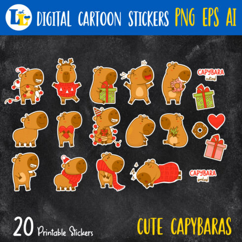Printable digital stickers|Cute animals capybaras characters cover image.