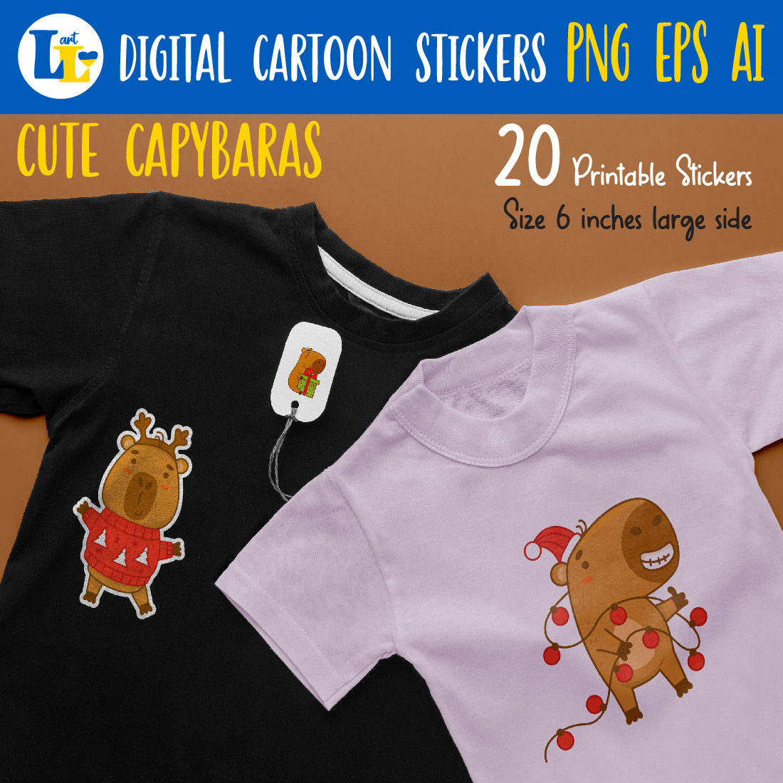 Printable digital stickers|Cute animals capybaras characters preview image.