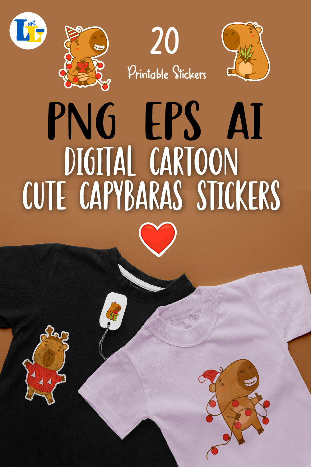 Printable digital stickers|Cute animals capybaras characters pinterest preview image.