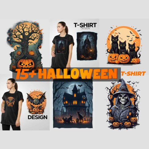 15+ Modern Halloween Spooky T shirt bundle Halloween 2023, PNG t-shirt cover image.