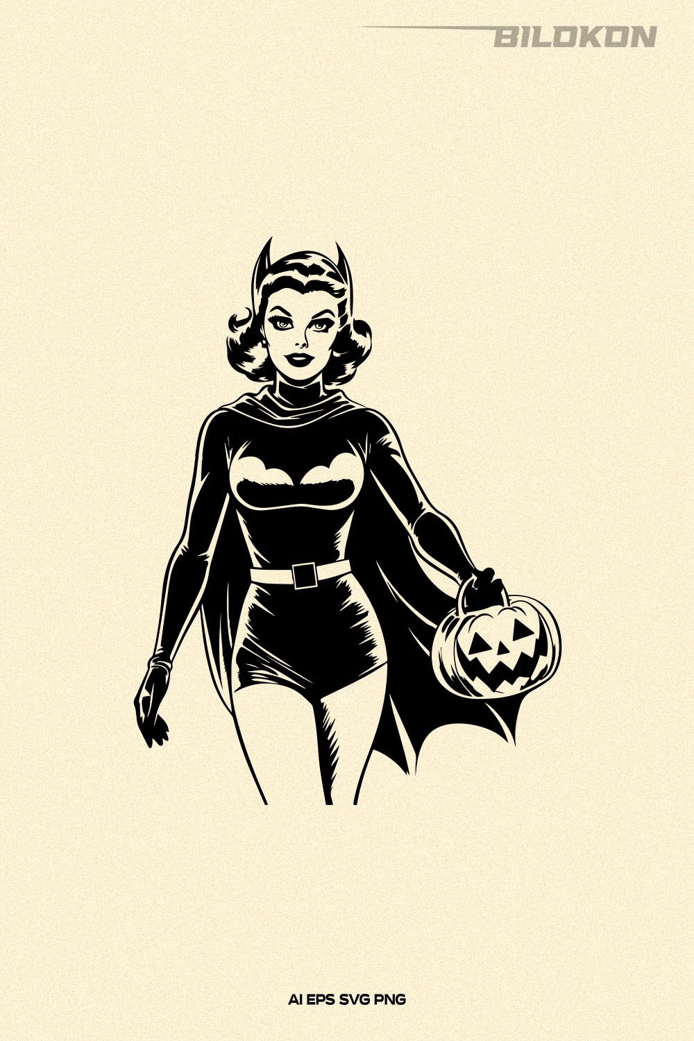 Woman hold pumpkin bag, Halloween costume, Halloween SVG pinterest preview image.