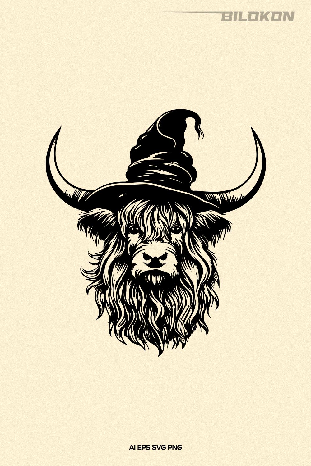 Halloween Highland Cow in a witch hat, Halloween SVG pinterest preview image.