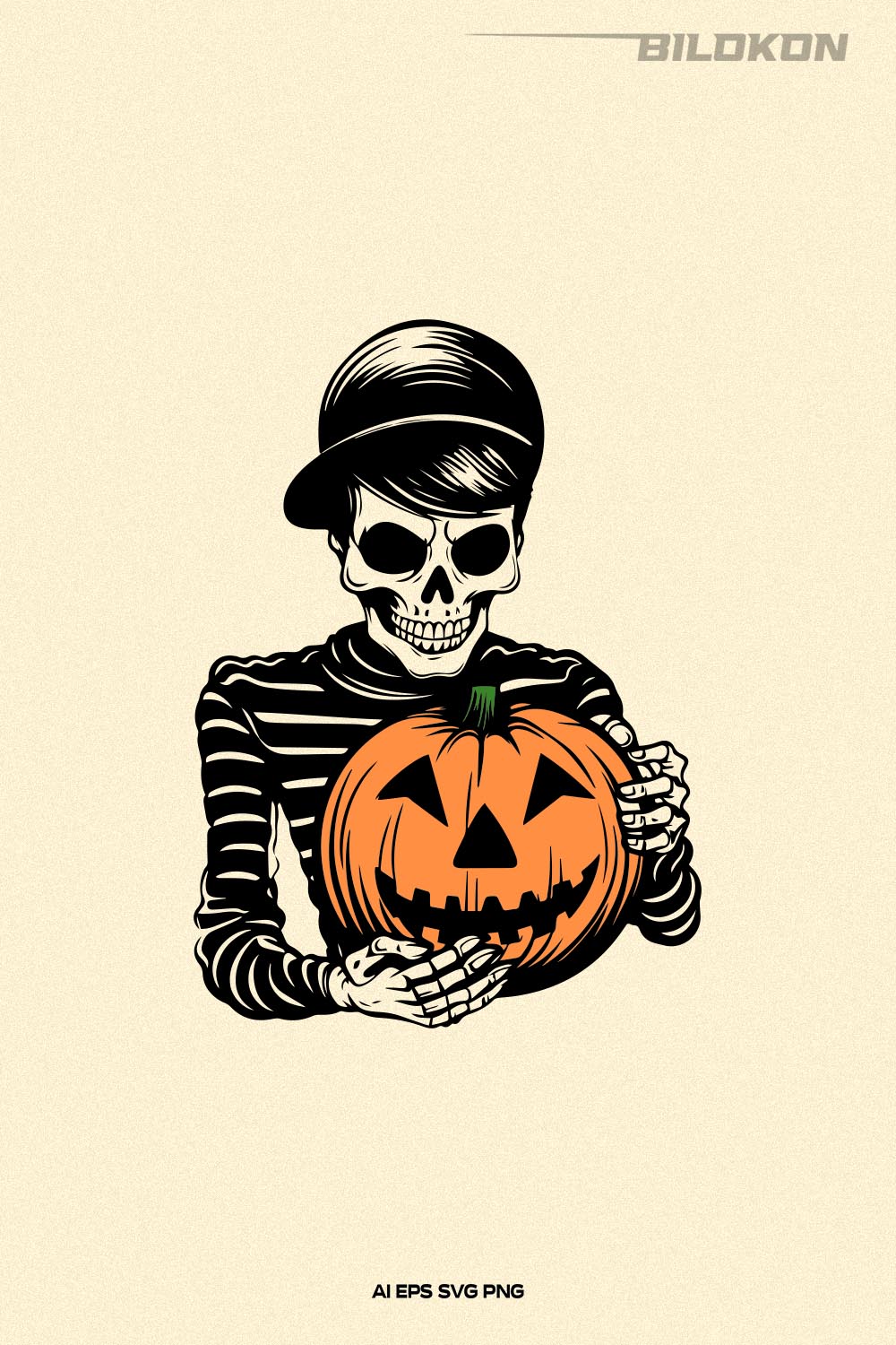 Skeleton holding pumpkin, Halloween Skeleton, Halloween SVG pinterest preview image.