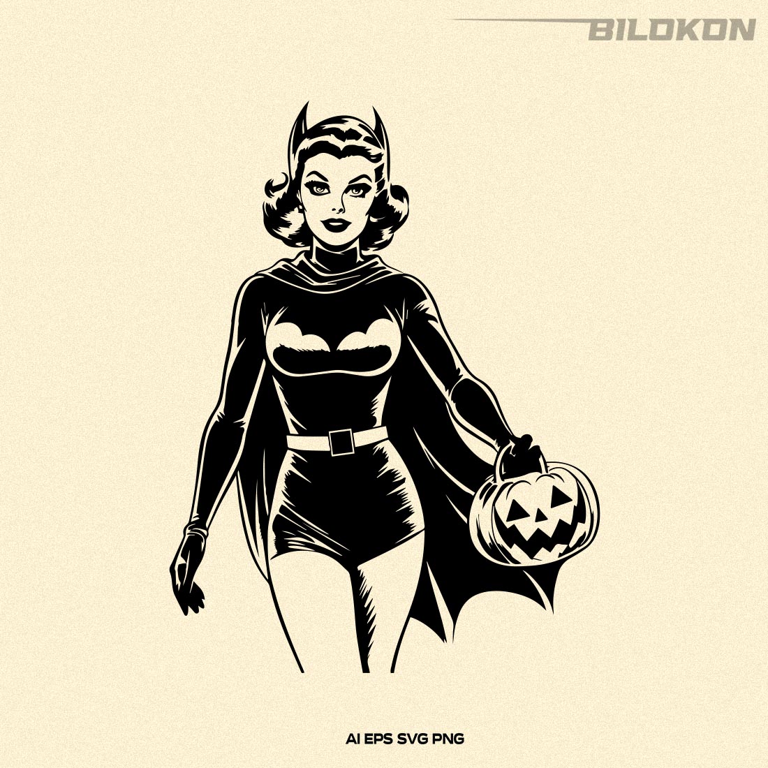 Woman hold pumpkin bag, Halloween costume, Halloween SVG preview image.