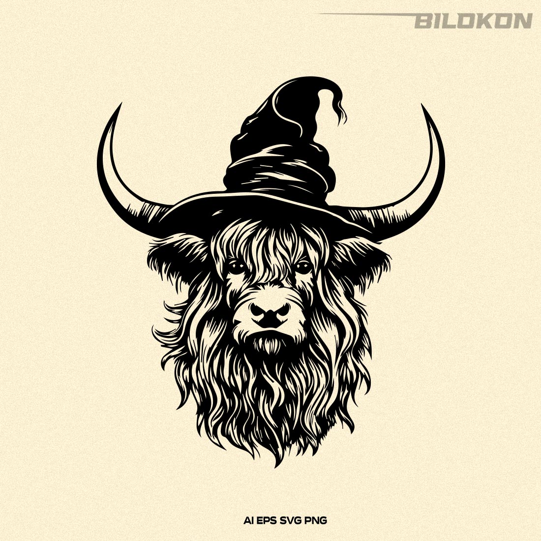 Halloween Highland Cow in a witch hat, Halloween SVG preview image.