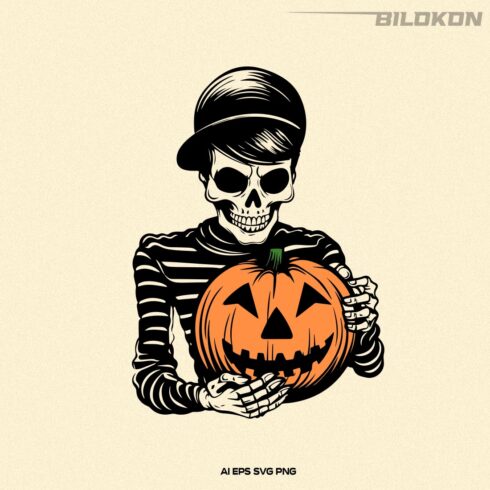 Skeleton holding pumpkin, Halloween Skeleton, Halloween SVG cover image.