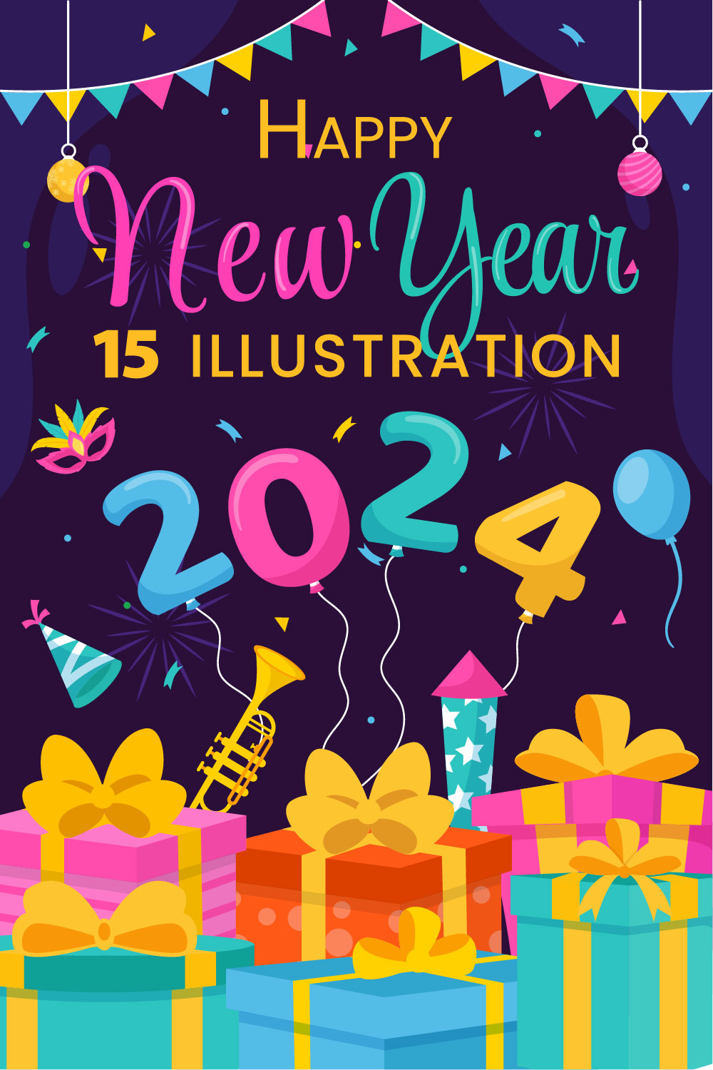 15 Happy New Year 2024 Illustration pinterest preview image.