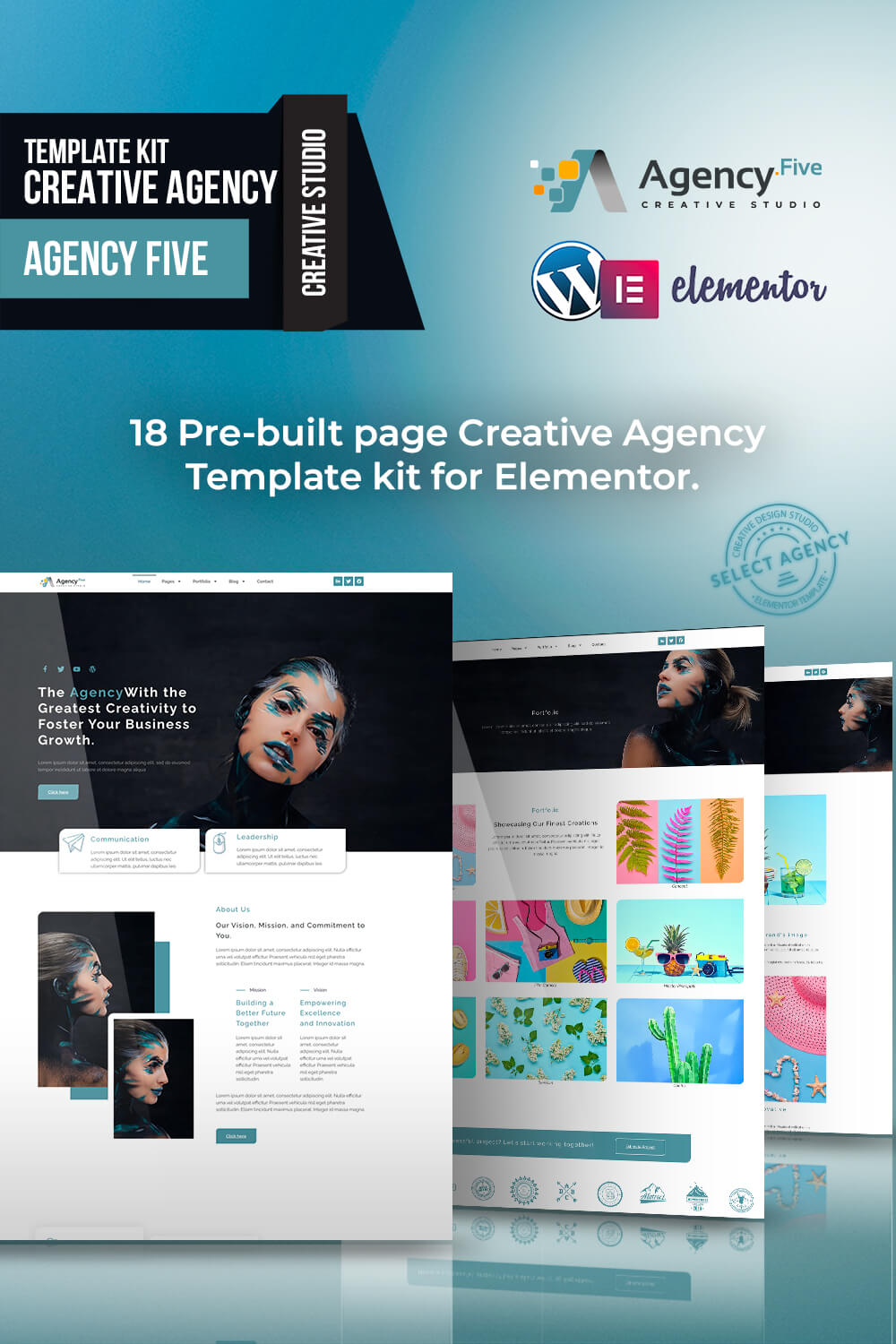 Agency Five - Premium Digital, Creative, Multipurpose Agency Elementor Template Kit pinterest preview image.