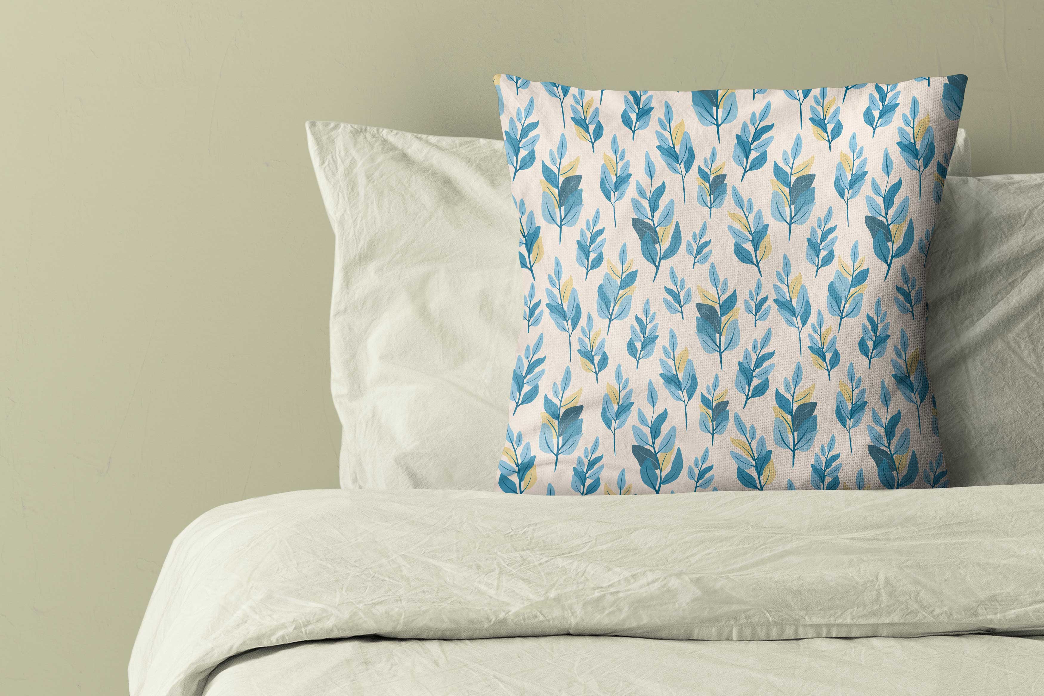 Modern seamless pattern in three color schemes - blue, green, purple colors Leaves on a light beige background, pastel colors Printing on textiles, fabrics, wallpapers, packaging, product design pinterest preview image.