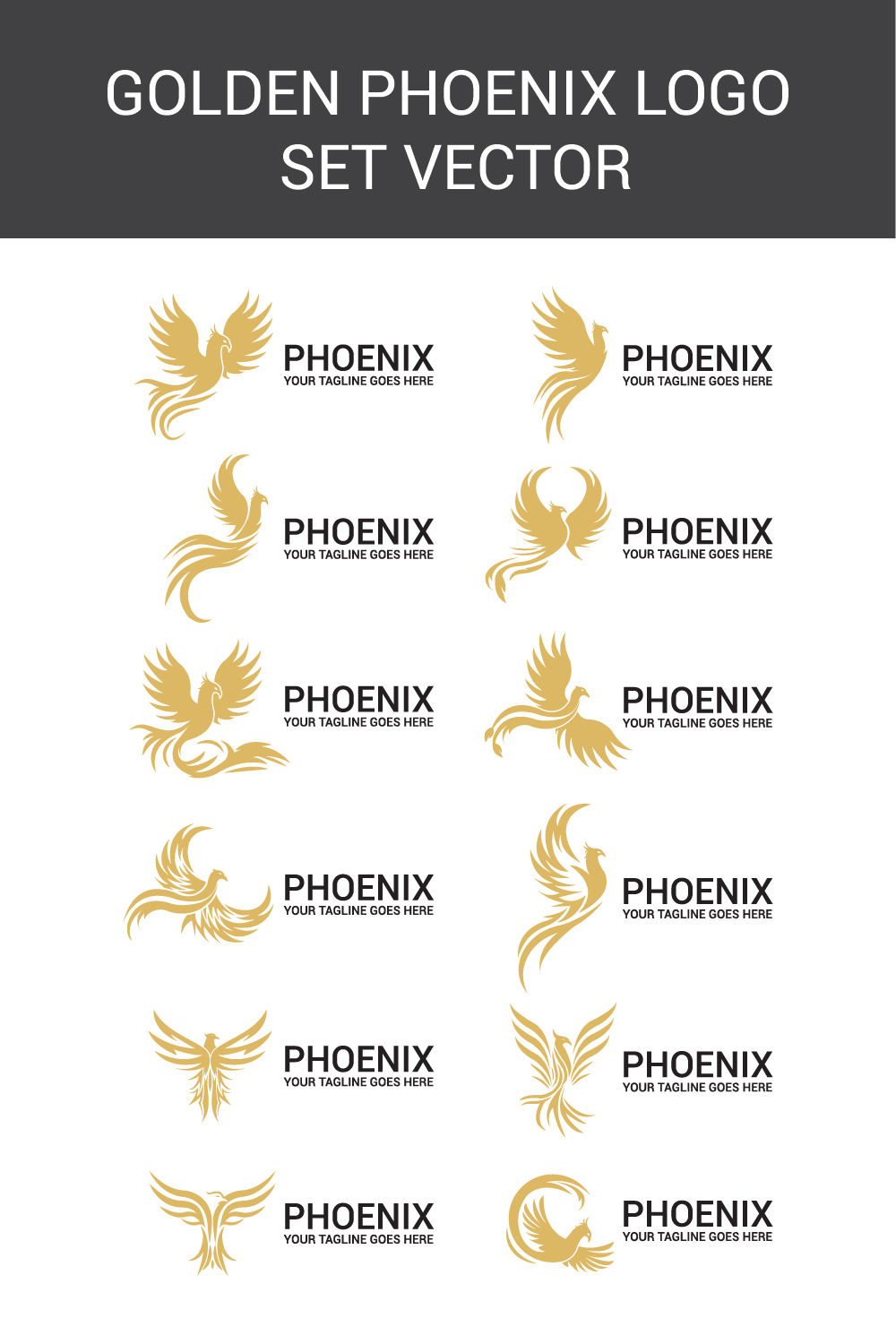 Golden Phoenix Logo Set Template pinterest preview image.