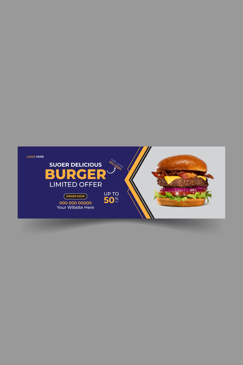 Delicious burger and food menu Facebook cover template pinterest preview image.