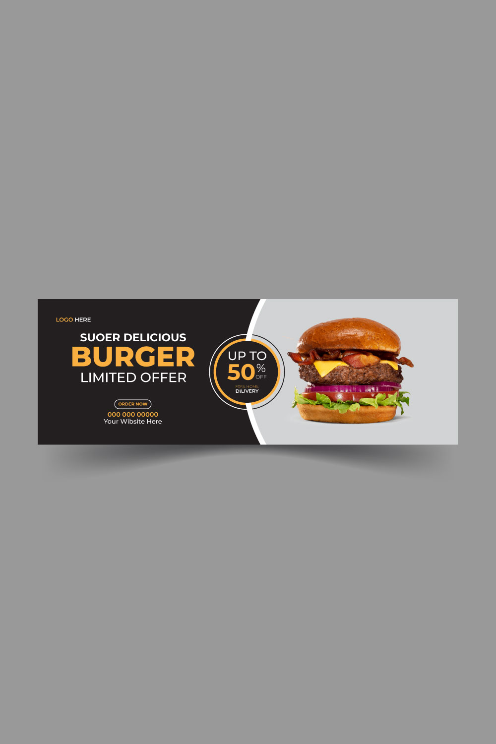 Delicious burger and food menu web banner template pinterest preview image.