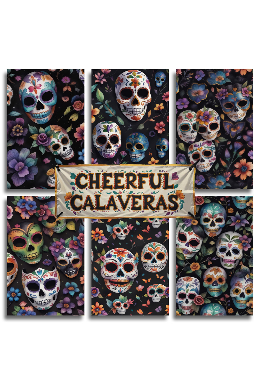 Cheerful Calaveras: Seamless Patterns pinterest preview image.