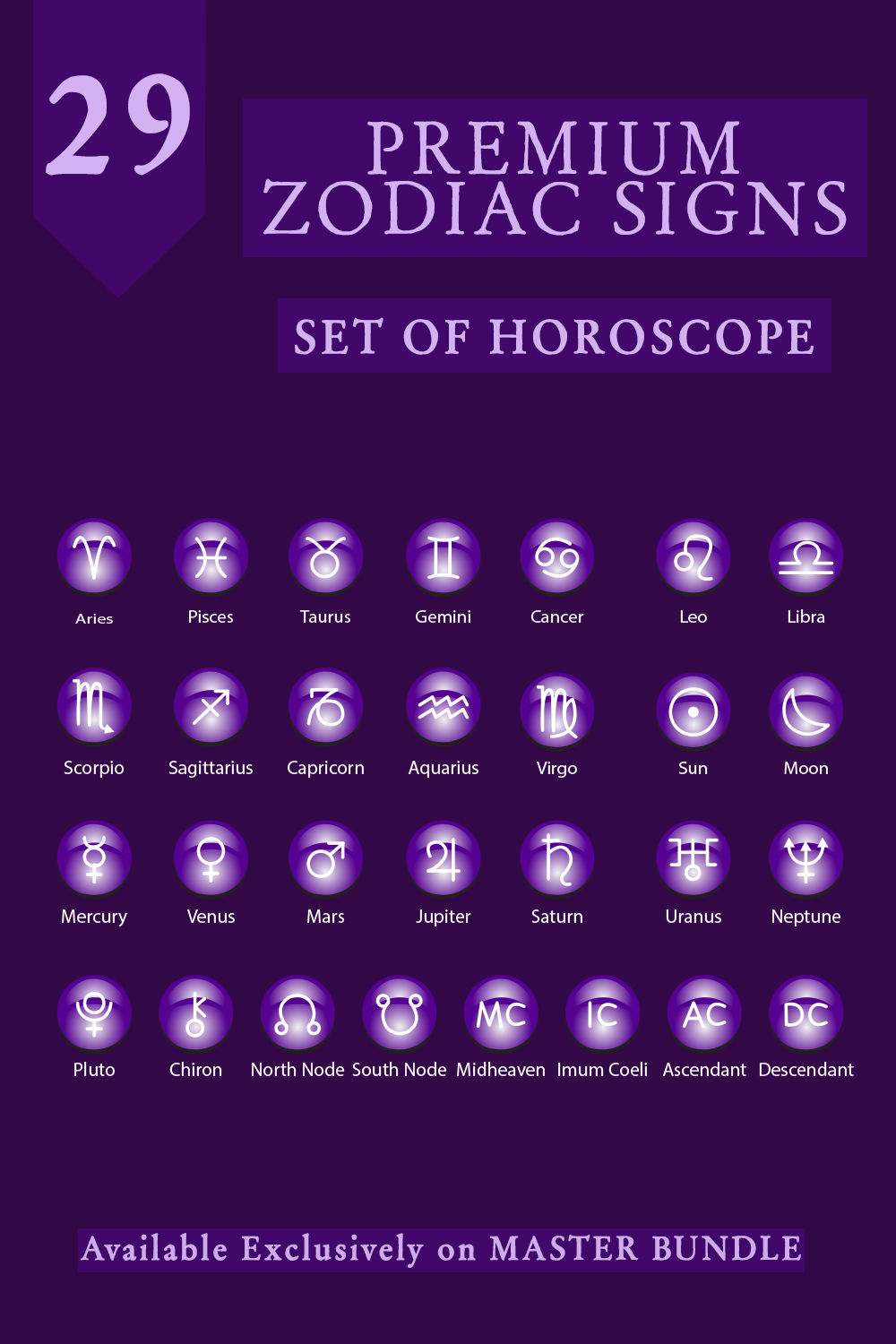 29 Premium Zodiac Signs, Vector set of Horoscope with Premium Purple color pinterest preview image.