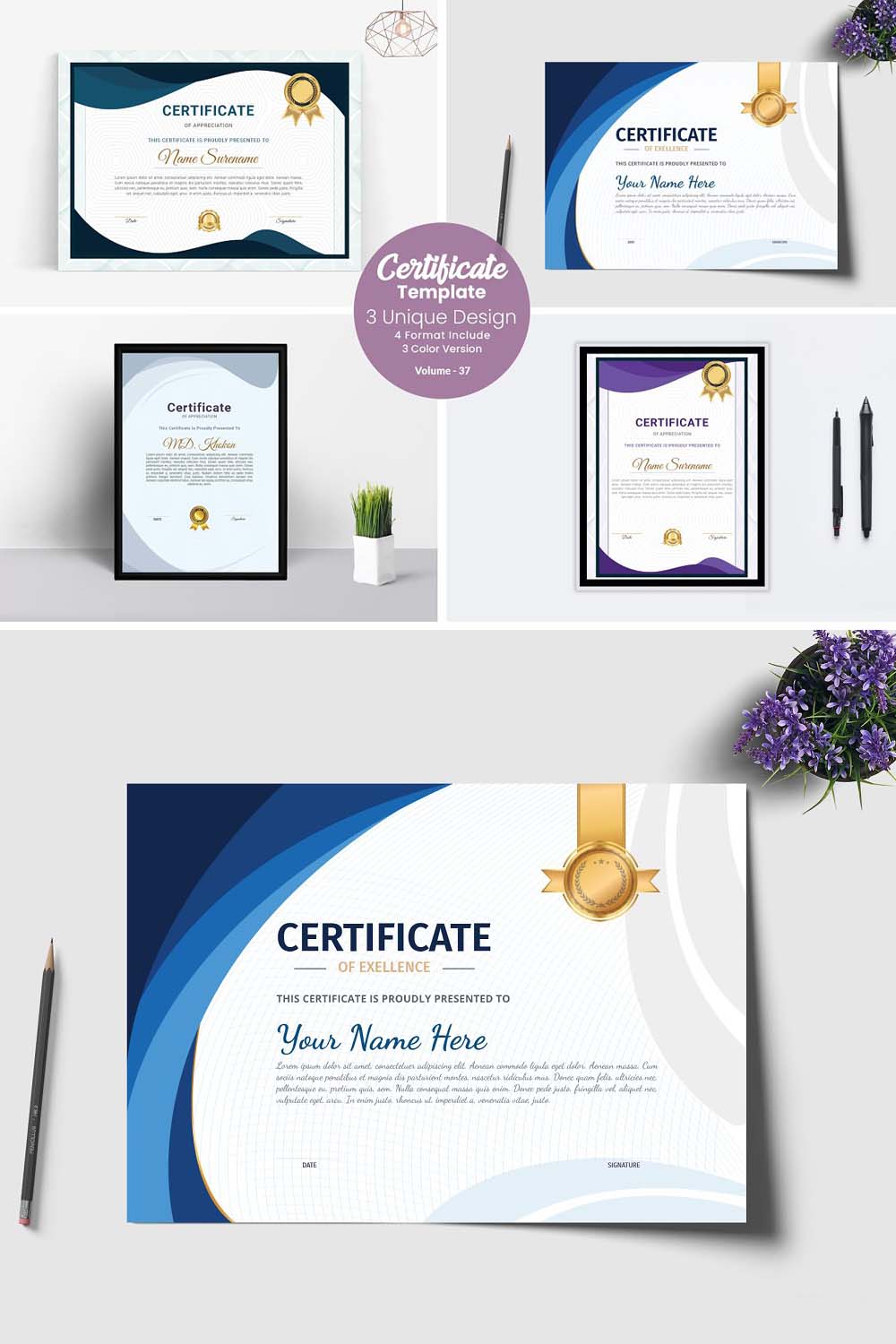 Modern certificate template pinterest preview image.