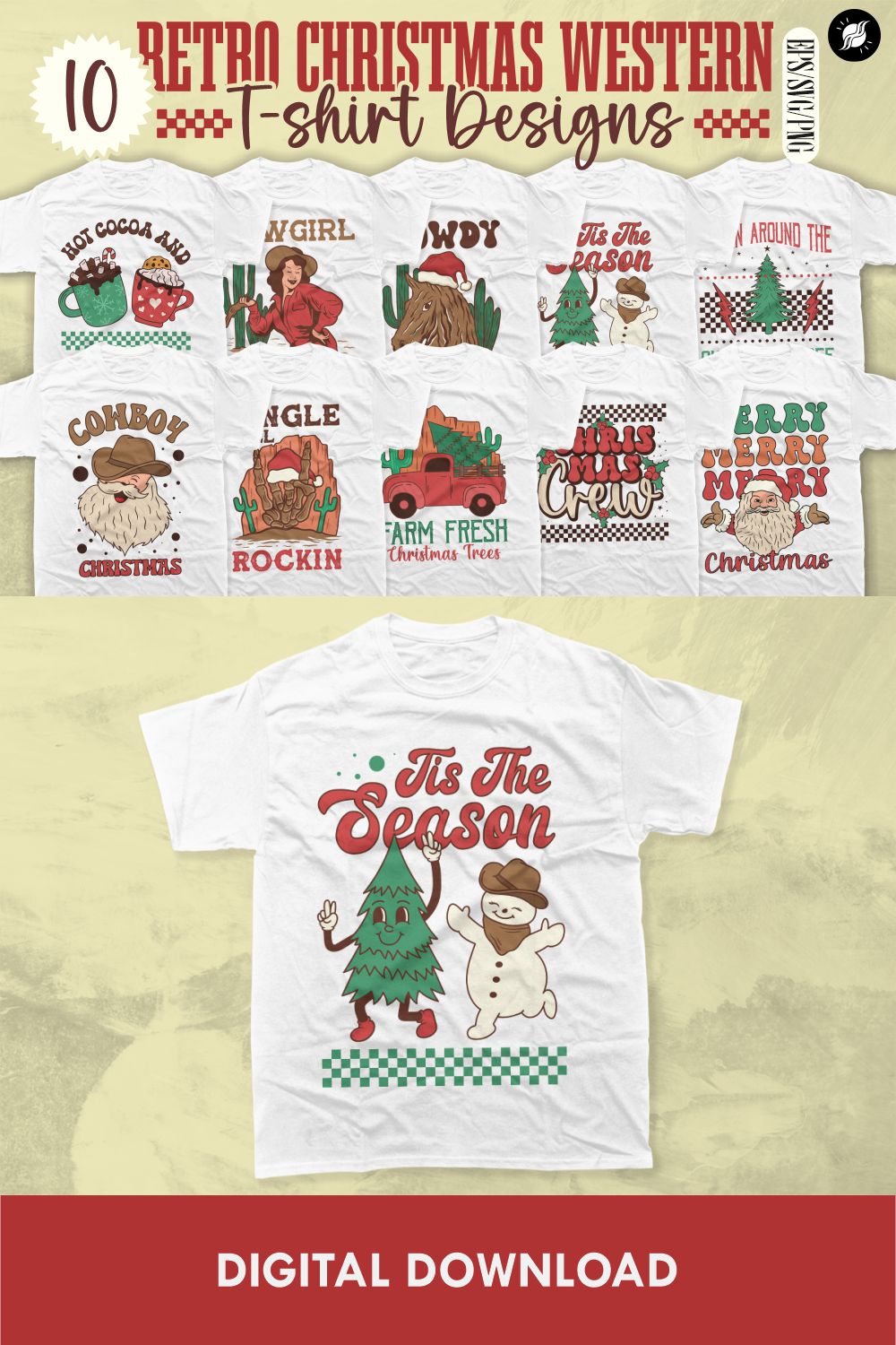 Retro Christmas Western Sublimation T-shirt Designs Bundle pinterest preview image.
