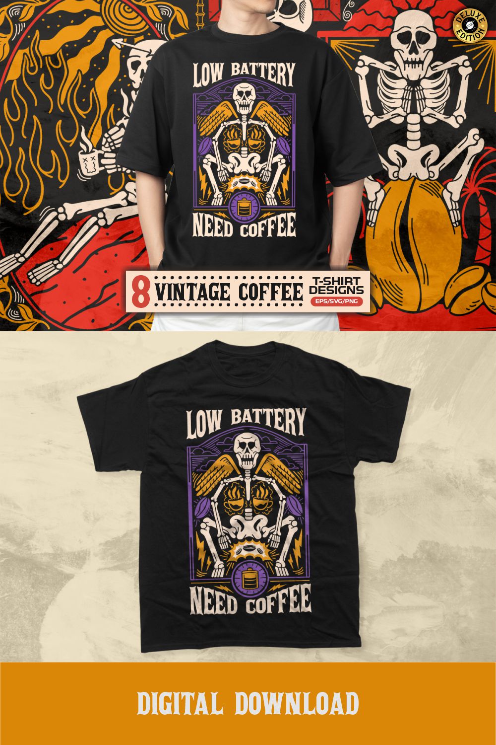 Vintage Coffee Skeleton T-shirt Designs Vector Bundle pinterest preview image.