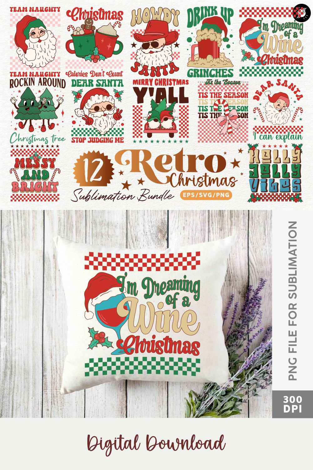 Retro Christmas Vintage T-shirt Designs Sublimation Bundle pinterest preview image.