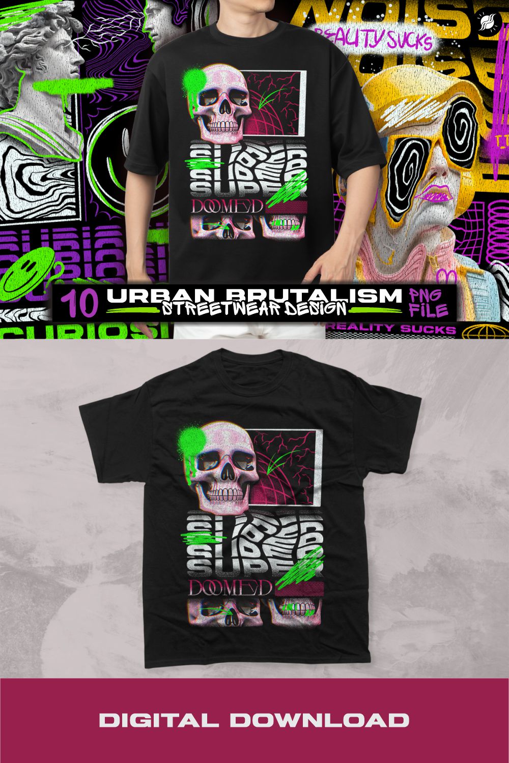 Urban Brutalist Streetwear T-shirt Designs PNG Bundle pinterest preview image.