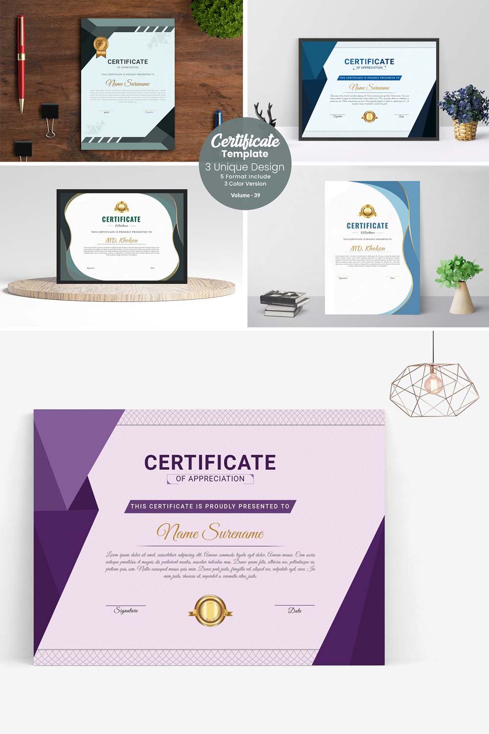 Luxury Certificate Template V-39 pinterest preview image.