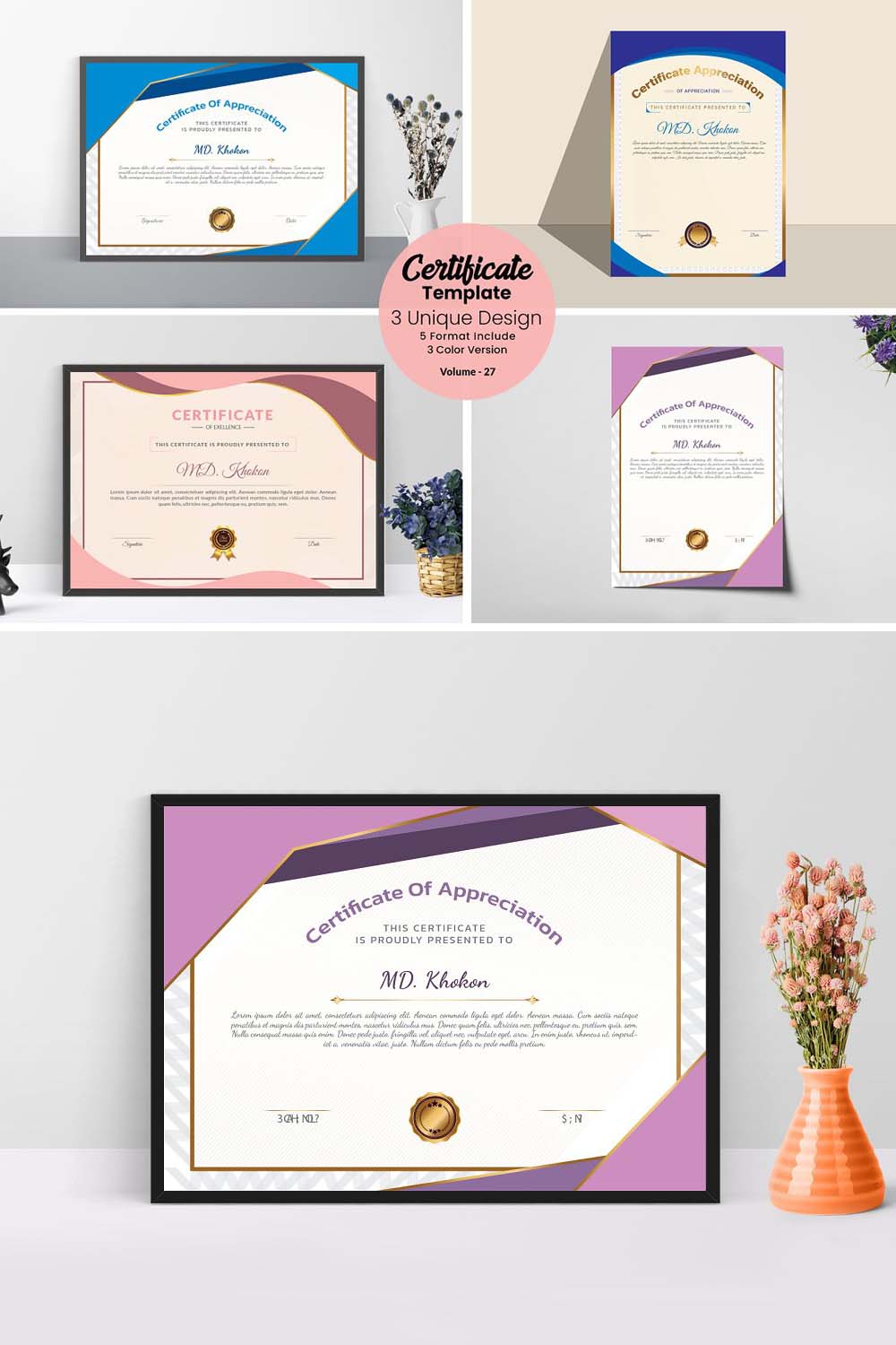 Creative Certificate Design Template pinterest preview image.