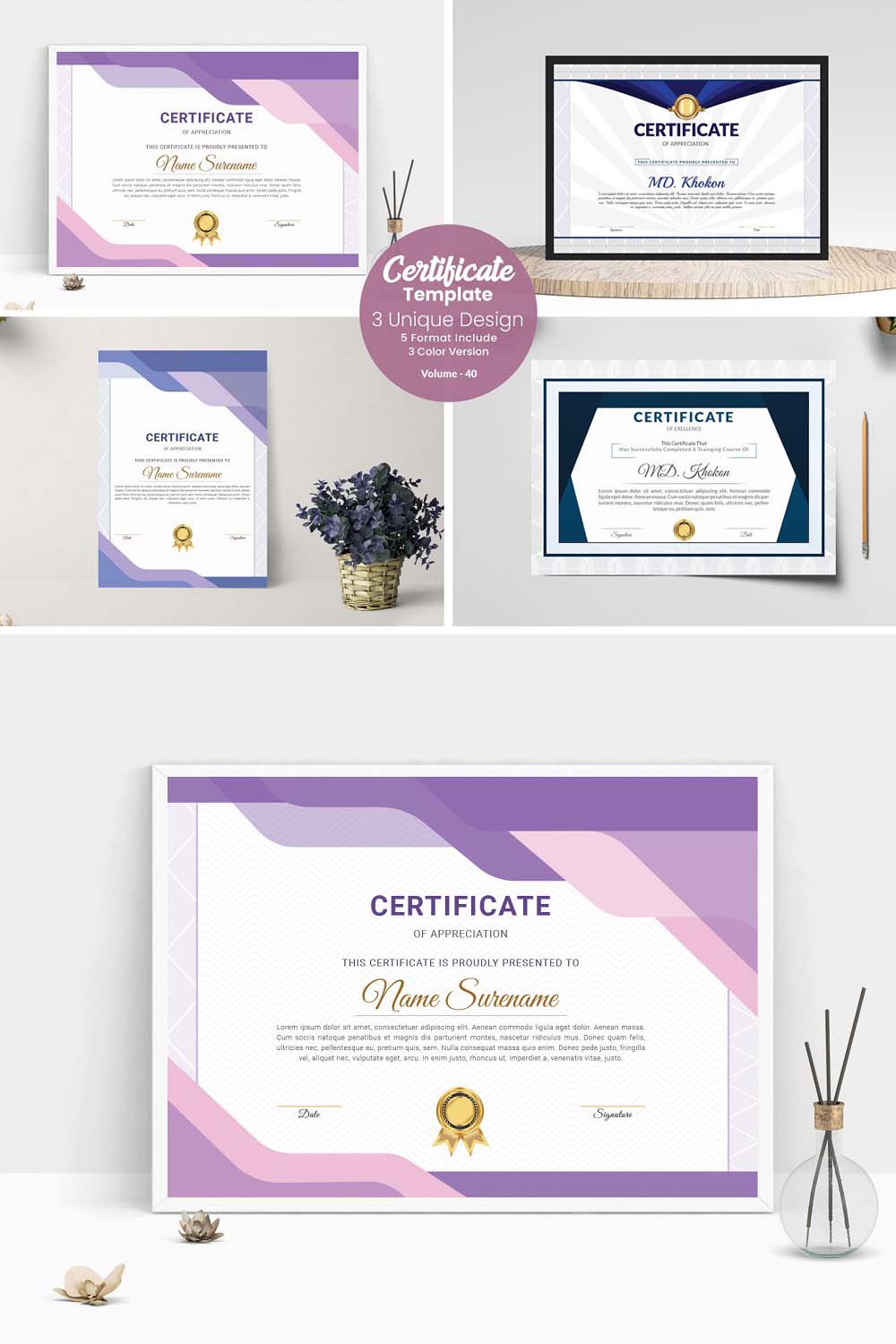 Modern abstract certificate template pinterest preview image.