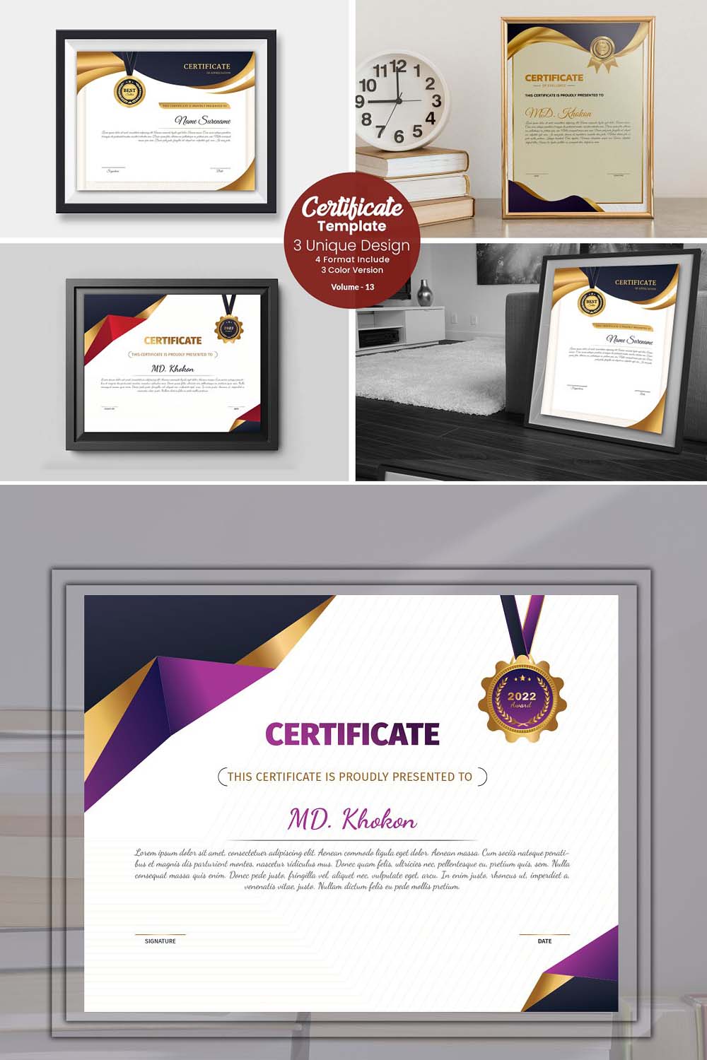 Simple Certificate Design Template pinterest preview image.