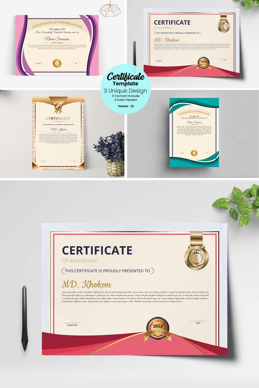 Luxury Certificate Template V-32 pinterest preview image.