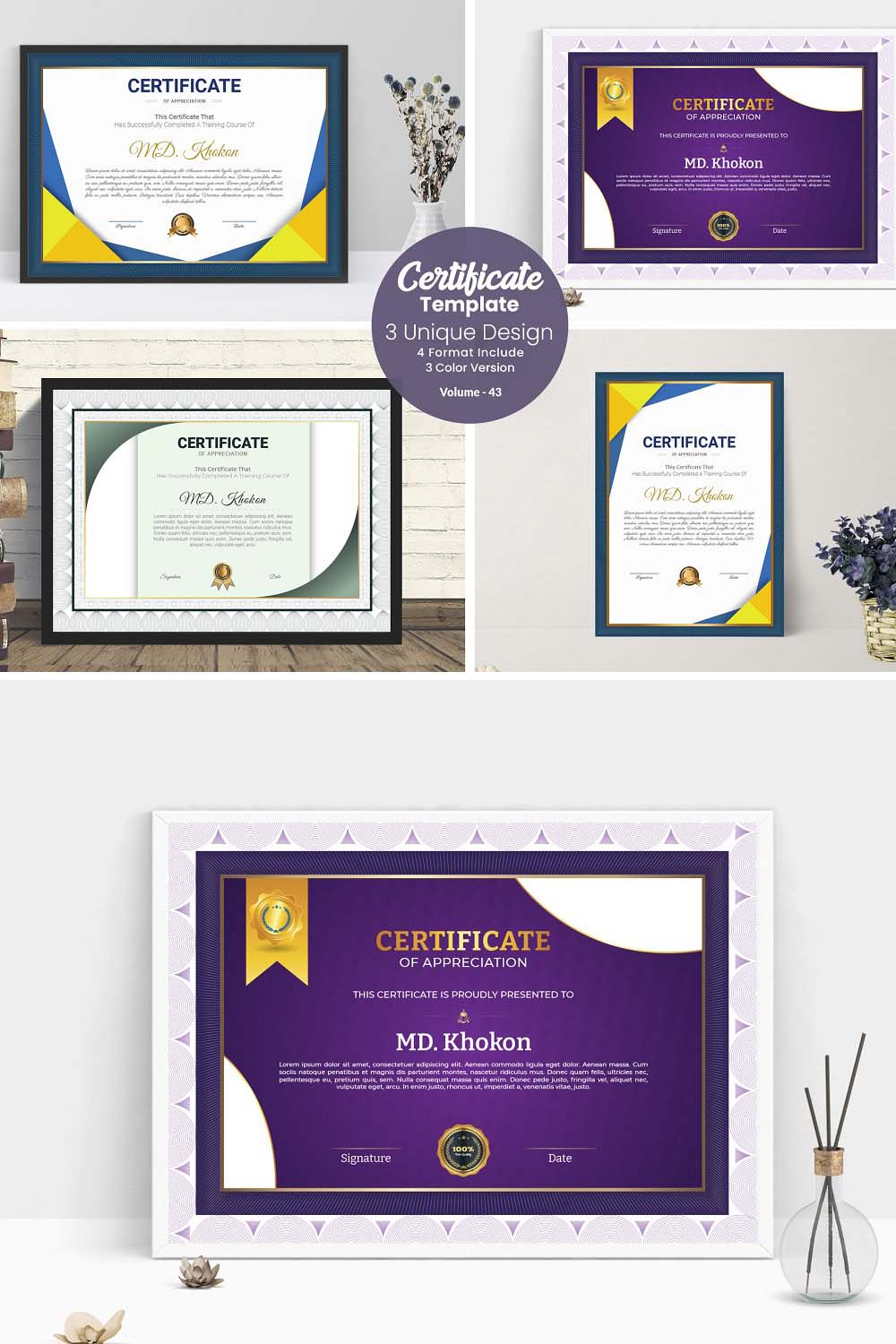 Luxury Certificate Template V-43 pinterest preview image.