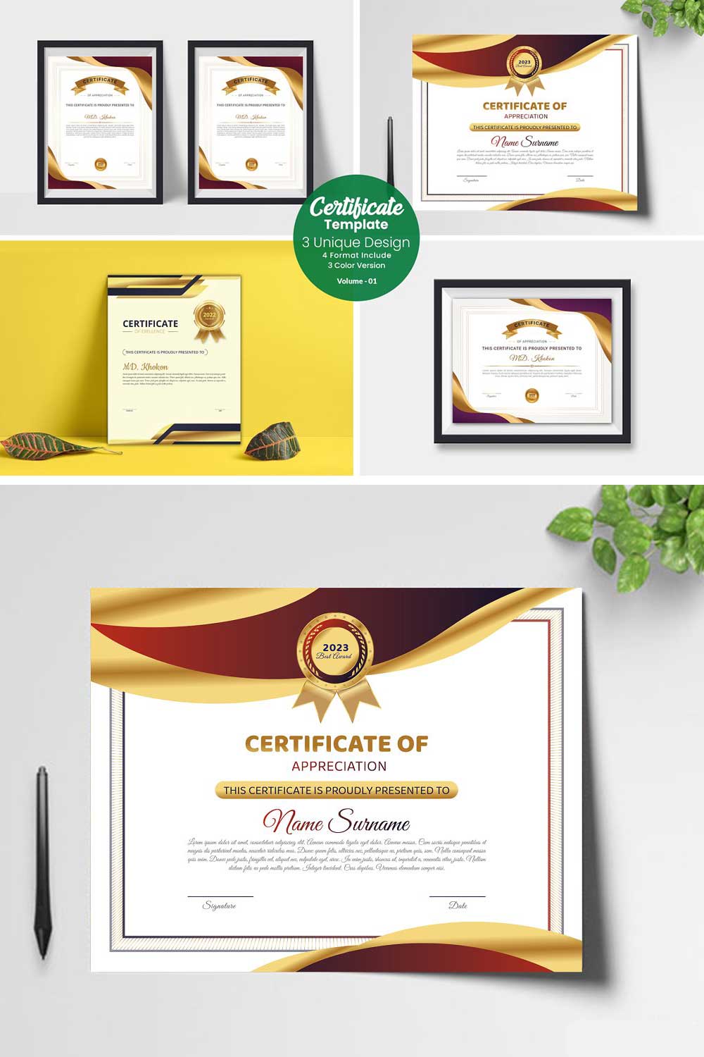 Modern Certificate Design Template pinterest preview image.