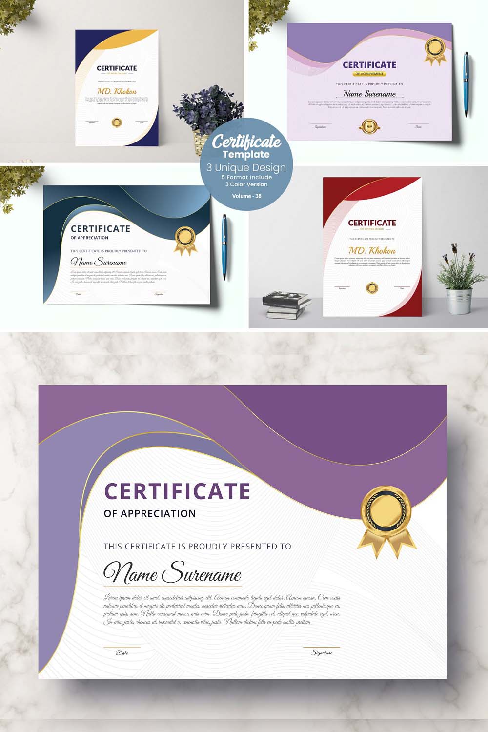 Modern abstract certificate template pinterest preview image.