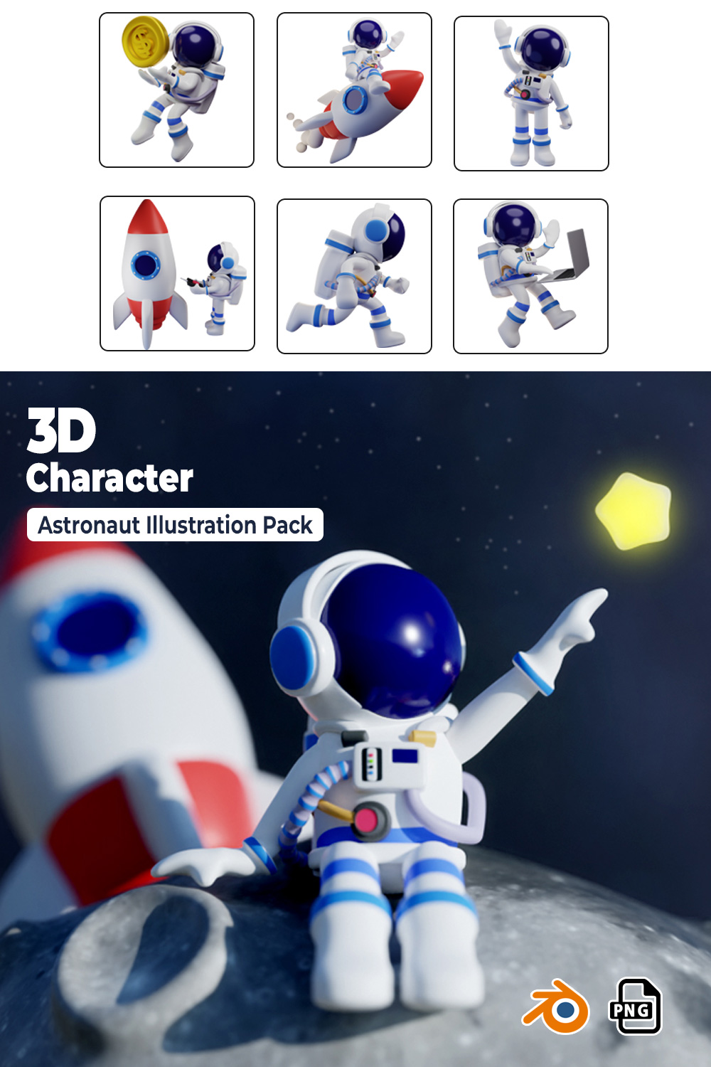 3D Character Astronaut Illustration Pack pinterest preview image.