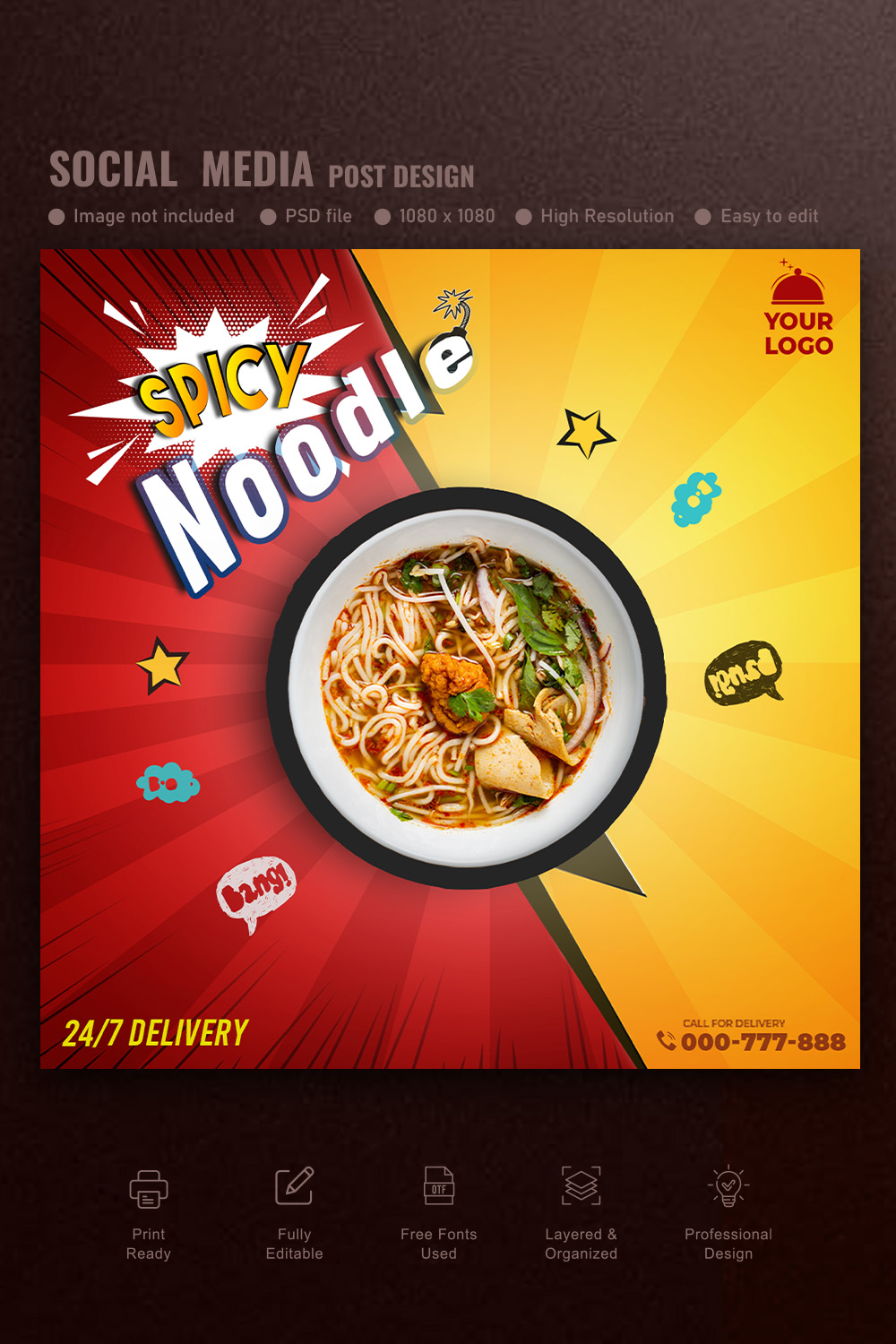 Spicy noodles social media banner template 2 pinterest preview image.