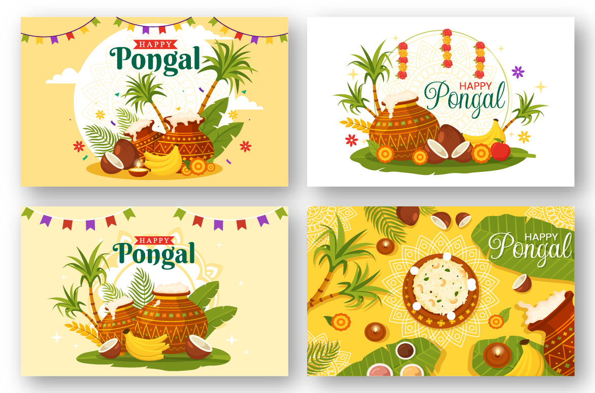 Happy Pongal Celebration Concept With Doodle Style Mud Pot Full Of  Traditional Dish, Sugarcane Over Rangoli On Brush Effect White Background.  23418776 Vector Art at Vecteezy